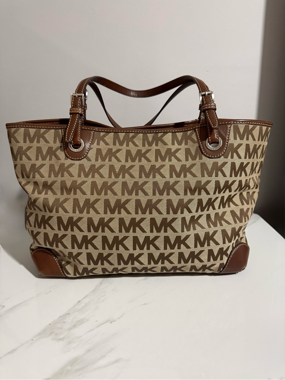 Michael Kors Tan Beige MK Signature Tote with Brown Trim